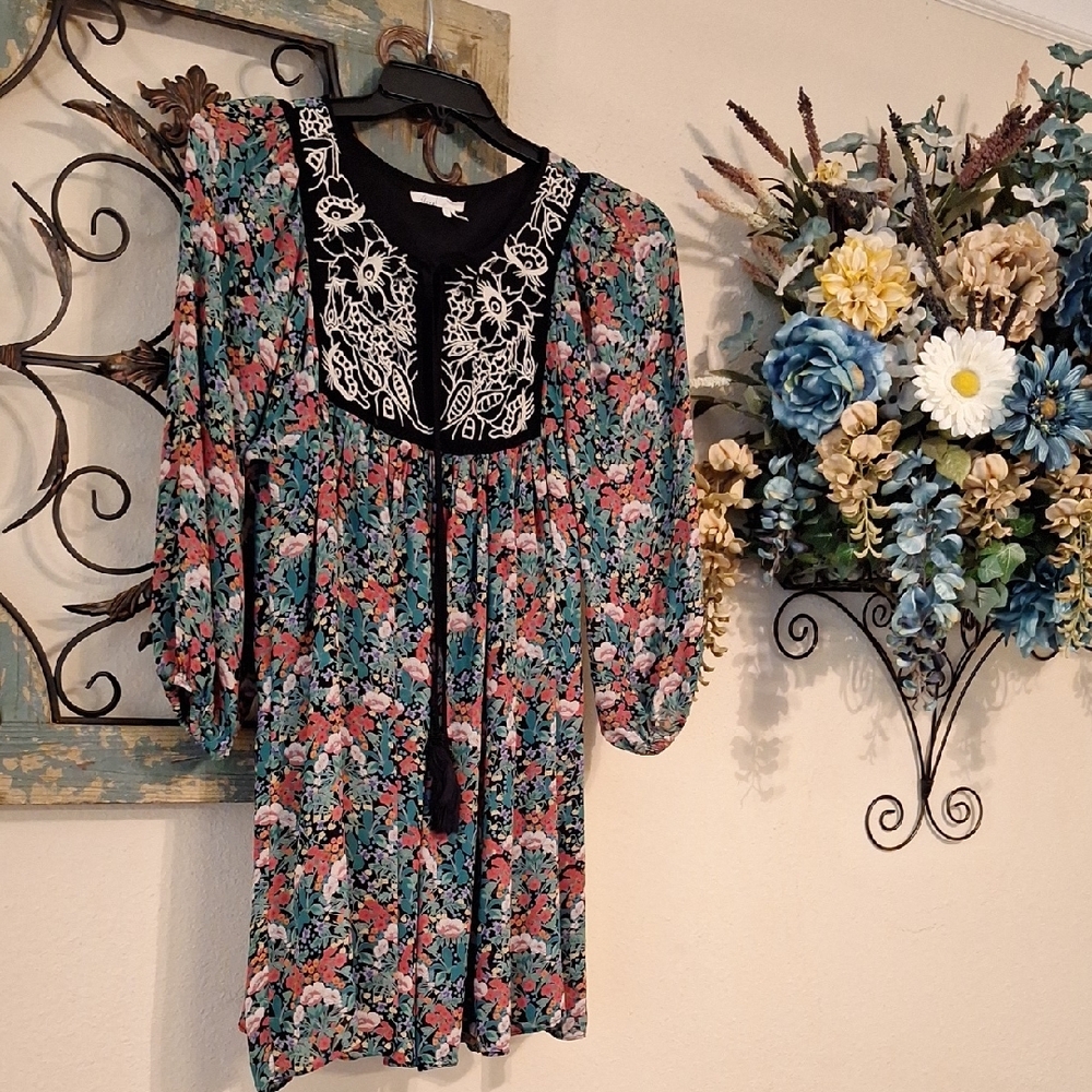 Anthropologie  Floral Long Sleeve Dress - Blk/Grn/Pink☆☆Size Small